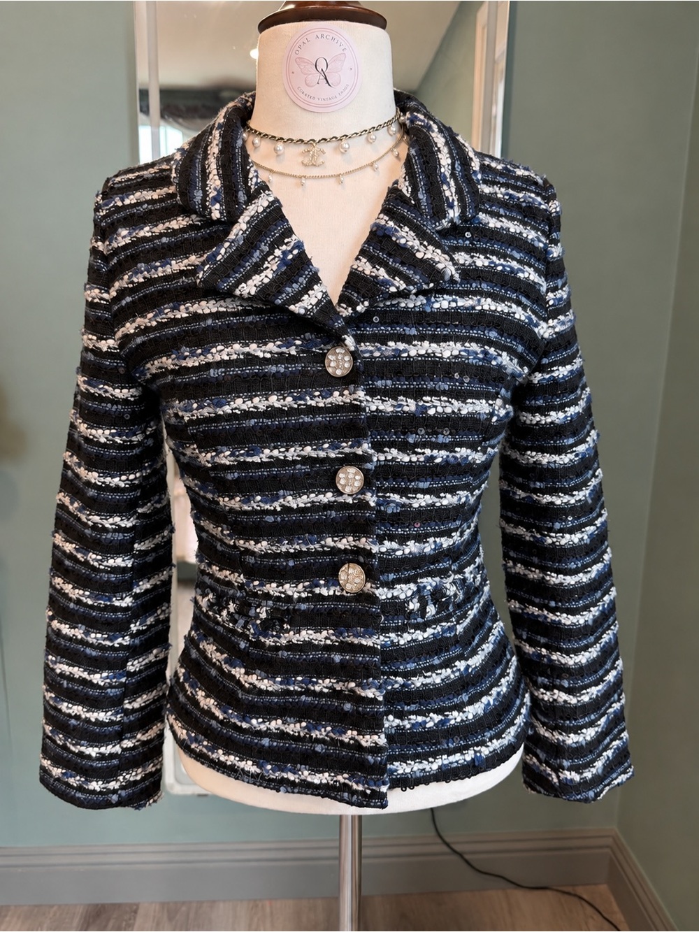 Vintage Korean Black Blue Tweed Sequin Fitted Jacket XS